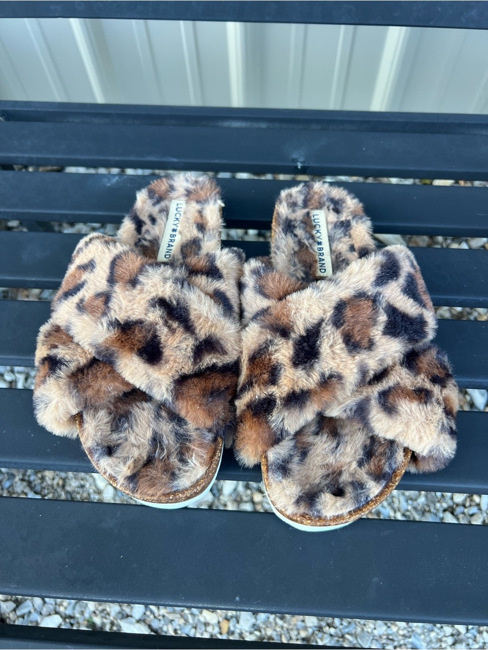 Lucky Brand leopard-print faux fur criss-cross slide slippers